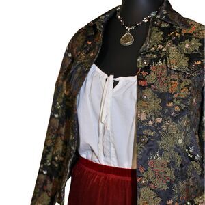 Vintage 90s Silk Box Jacket Black Floral Tapestry Pattern